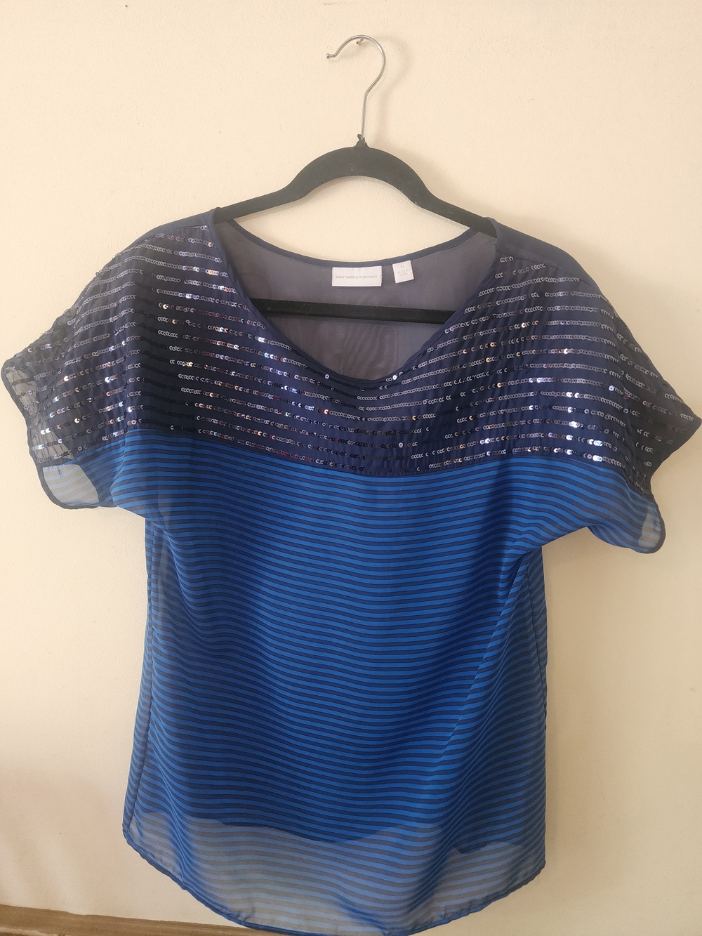 New York & Company Blue Striped Sequin Yoke Blouse